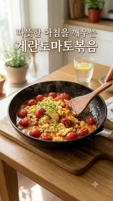 만들어둔 스크램블 에그를 넣고 함께 볶아 완성한다. — 따뜻한 아침을 깨우는 계란토마토볶음