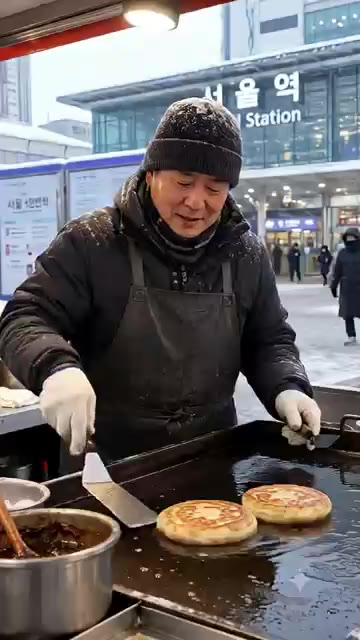 호떡 누르개로 반죽을 납작하게 눌러줍니다. — 따뜻한 꿀호떡 만들기