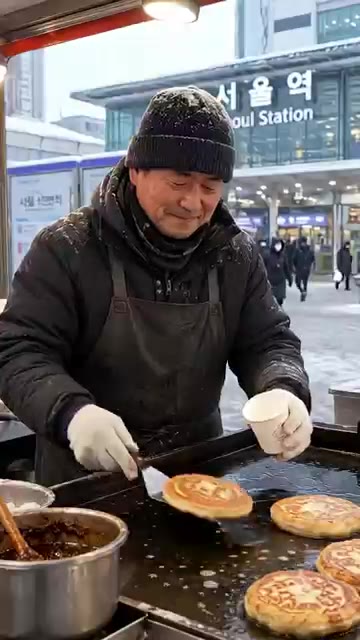 완성된 꿀호떡을 종이컵에 담아냅니다. — 따뜻한 꿀호떡 만들기