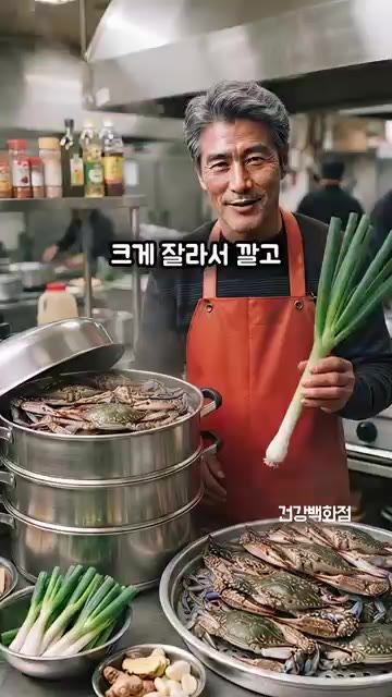 찜기에 대파 두 대를 크게 잘라 깔고 — 제철 꽃게 찔 때 이것 하나 깔아보세요! 비린내 없이 깔끔합니다!