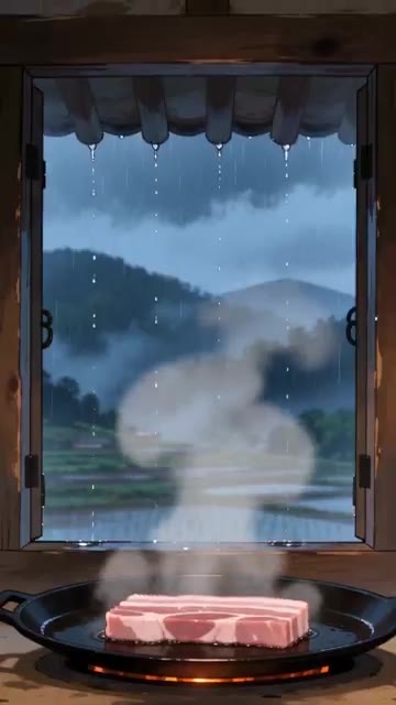 뜨겁게 달군 철판에 삼겹살을 올린다. — 빗소리 들으며 삼겹살 한 쌈 크게 싸 먹는 법