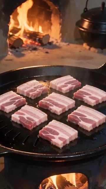 삼겹살을 노릇하게 익히며 뒤집는다. — 빗소리 들으며 삼겹살 한 쌈 크게 싸 먹는 법