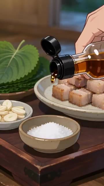 깻잎에 삼겹살, 마늘, 쌈장, 기름장을 올려 크게 싼다. — 빗소리 들으며 삼겹살 한 쌈 크게 싸 먹는 법