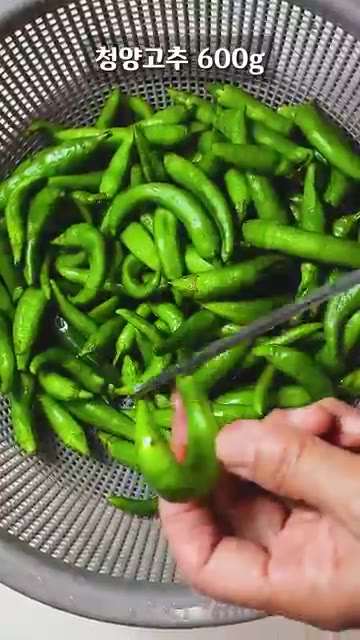 청양고추 600g의 꼭지와 앞쪽 끝을 잘라 준비합니다. — 완전 갱상도식 밥도둑! 삭힌 고추장아찌