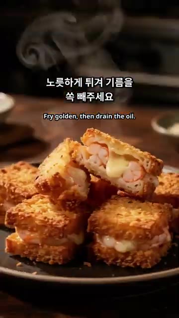 팬에 기름을 두르고 노릇하게 튀겨 기름을 빼줍니다. 바삭한 치즈 새… — 겉바속탱 치즈 멘보샤 만들기