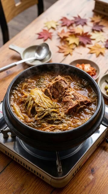 돼지등뼈 우거지탕 재료를 종이컵으로 계량하여 냄비에 넣고 끓인다. — 종이컵으로 끝내는 가을 저녁! 캡처해서 만드세요
