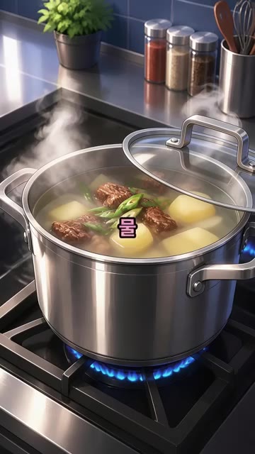 고기 겉면이 익으면 썰어둔 감자를 넣고 가볍게 한 번 더 볶는다. — 속이 뻥 뚫리는 얼큰 한우국밥