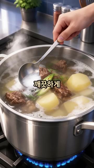 물 1.2L를 붓고 감자가 익고 맑은 채수가 나올 때까지 끓인다. — 속이 뻥 뚫리는 얼큰 한우국밥
