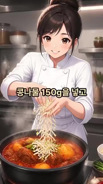 마지막으로 콩나물 150g을 넣고 한소끔 끓여 완성한다. — 속이 뻥 뚫리는 얼큰 한우국밥