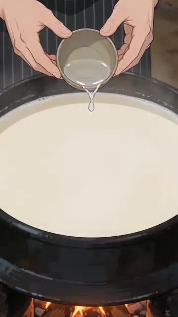 맷돌에 간 콩물을 면포에 붓고 두 손으로 짜서 두유를 걸러낸다. — 맷돌로 갈아 만드는 손두부 레시피