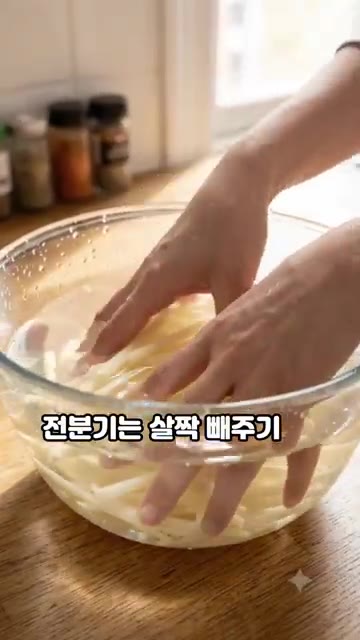 감자는 껍질을 벗기고 채칼로 최대한 얇게 채 썰어 찬물에 담가 전분… — 감자채 치즈전: 치즈 욕심내면 이렇게 됩니다 🧀