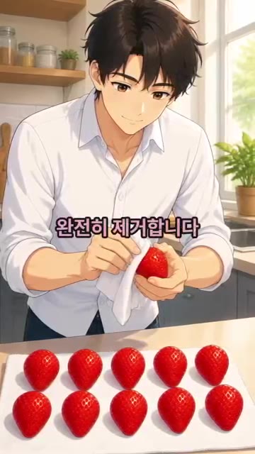 딸기 10개를 깨끗이 씻어 꼭지를 제거하고 키친타월로 물기를 완전히… — 바삭쫀득 딸기 마시멜로우 레시피