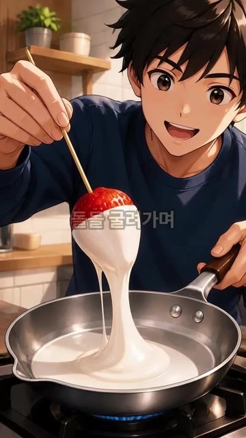 녹은 마시멜로우 위로 딸기 꼬지를 올려 돌돌 굴려가며 빈틈없이 코팅… — 바삭쫀득 딸기 마시멜로우 레시피