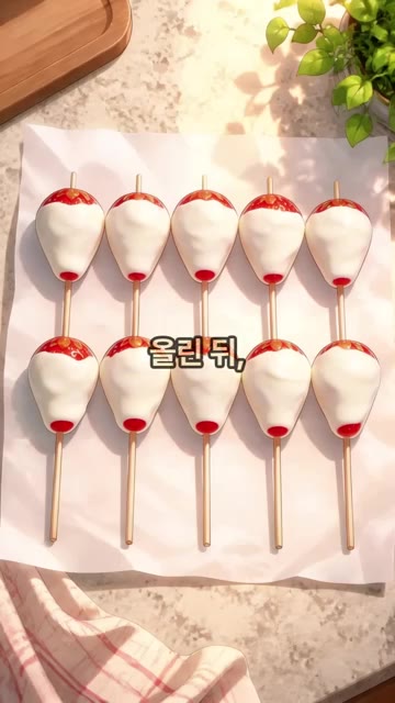 코팅된 딸기를 유산지 위에 올려 표면이 살짝 굳을 때까지 2분간 식… — 바삭쫀득 딸기 마시멜로우 레시피