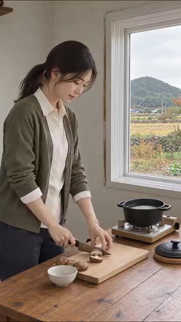표고버섯을 썰어 솥밥을 짓기 위해 준비한다. — 가을바람과 따뜻한 버섯솥밥