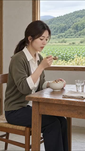 완성된 버섯솥밥을 그릇에 담아 창가 테이블로 옮긴다. — 가을바람과 따뜻한 버섯솥밥