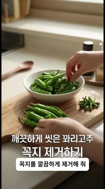 꽈리고추 300g을 준비해 씻은 후, 꼭지를 깔끔하게 제거해 줍니다… — 10분 완성! 입맛 싹 돌아오는 매콤 단짠 꽈리고추조림 황금레시피