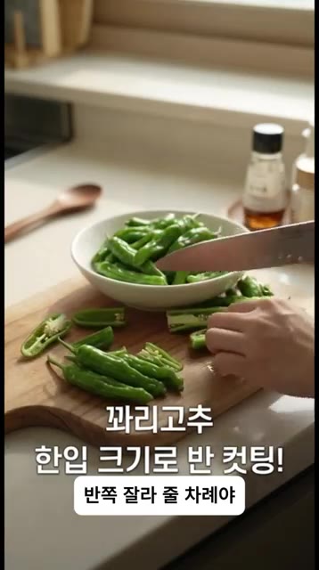 꽈리고추를 한입 크기로 반 커팅합니다. 너무 작으면 식감이 죽으니까… — 10분 완성! 입맛 싹 돌아오는 매콤 단짠 꽈리고추조림 황금레시피
