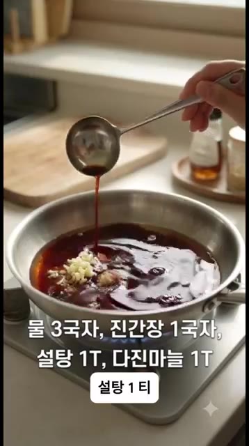 팬에 물 3국자, 진간장 1국자, 설탕 1T, 다진 마늘 1T를 넣… — 10분 완성! 입맛 싹 돌아오는 매콤 단짠 꽈리고추조림 황금레시피