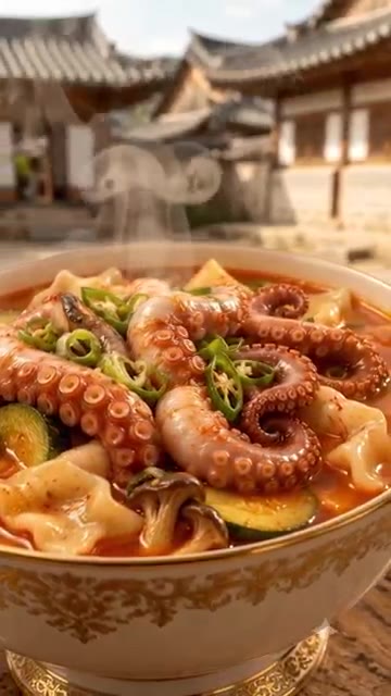 육수가 끓으면 수제비 반죽을 떼어 넣고 낙지를 통째로 넣는다. — 얼큰 낙지수제비 레시피