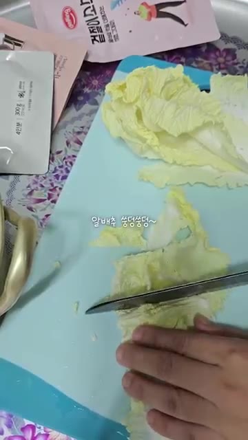 알배추를 먹기 좋은 크기로 썰어 냄비에 담는다. — 샤브샤브와 알배추겉절이