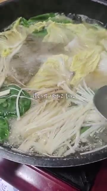 육수가 끓으면 준비한 채소와 두부, 소고기를 넣고 익힌다. — 샤브샤브와 알배추겉절이