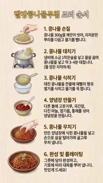 데친 콩나물을 찬물에 재빨리 헹궈 열기를 식히고 물기를 꼭 짜낸다.… — 매콤한 콩나물무침 레시피