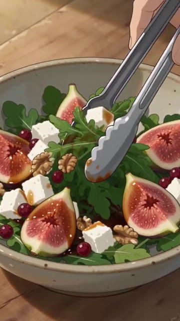 무화과 조각을 다시 위로 정돈하고 바질잎을 올려 마무리합니다. — 무화과 샐러드 🥗 발사믹 드레싱을 두른 가을 한 접시 | Fig Salad