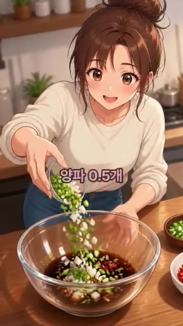 양념물에 다진 대파 0.5개, 양파 0.5개, 홍고추 1개를 넣습니다. — 쫀득 밥도둑 계란장