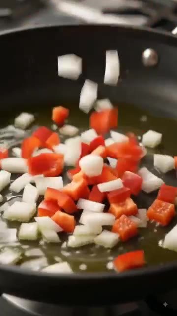 팬에 식용유를 두르고 다진 양파와 빨간 파프리카를 넣고 볶는다. — Cheesy Taco Rice