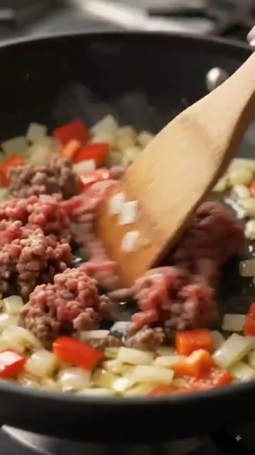 다진 소고기를 넣고 갈색이 될 때까지 볶는다. — Cheesy Taco Rice