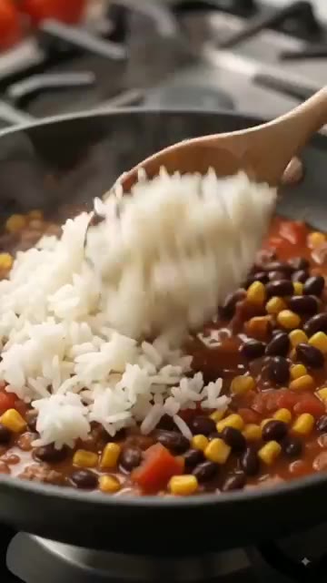 밥을 넣고 모든 재료와 잘 섞이도록 볶는다. — Cheesy Taco Rice