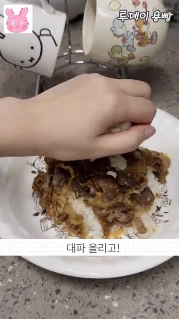 대파를 올리고 계란 노른자를 올려줍니다. — 10분 완성! 대패 삼겹살 부타동 레시피