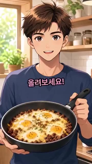 소고기의 핏기가 가시면 계란 2개를 톡 깨어 넣어줍니다. — 치즈 소고기구이