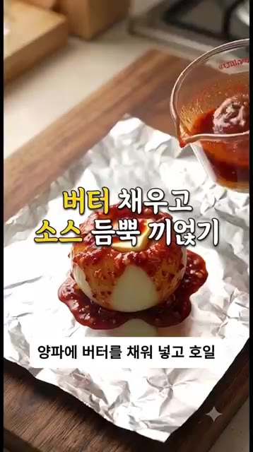 양파 속에 버터 10g씩 채워 넣고 호일 위에 올린 뒤, 소스를 듬… — 양파에 '이 소스' 하나 부었더니 인생 요리 탄생?! 한국식 보일링 어니언 🧅✨