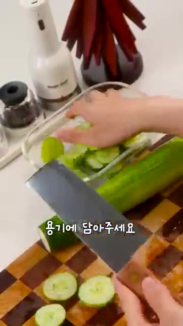 오이 2개를 먹기 좋게 도톰하게 썰어 용기에 담아주세요. 도톰하게… — 오이헤이터도 먹게 만든 수제 오이피클