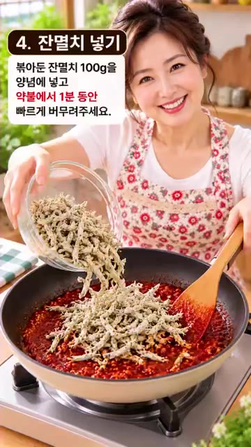 볶아둔 잔멸치 100g을 넣고 약불에서 1분 동안 빠르게 버무려줍니다. — 잔멸치 고추장 볶음