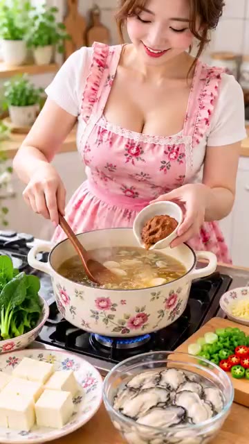 냄비에 물을 붓고 끓으면 된장을 풀어준다. — 통통한 굴에 시금치 듬뿍! 시원하고 구수한 아침국 완성! 굴은 마지막 2분이 포인트