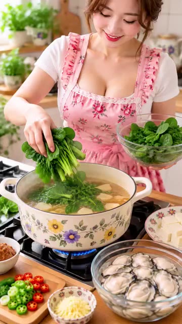 두부와 다진 마늘을 넣고 끓인다. — 통통한 굴에 시금치 듬뿍! 시원하고 구수한 아침국 완성! 굴은 마지막 2분이 포인트