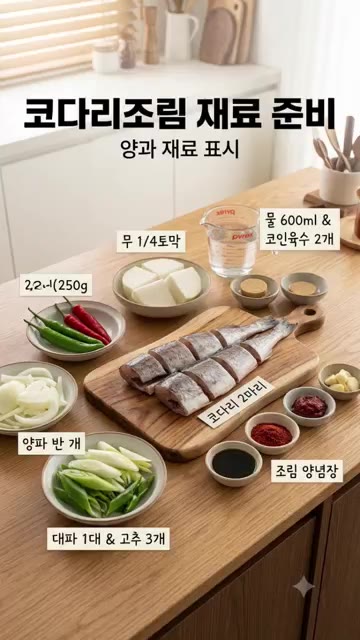 냄비에 무를 깔고 코다리를 올린 후 양파, 대파, 고추를 얹어줍니다. — 매콤 쫀득 코다리조림 밥도둑 끝판왕 레시피!