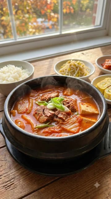 팬에 기름을 두르고 다진 마늘과 대파를 넣어 향을 낸다. — 종이컵 황금비율 우삼겹 숙주볶음