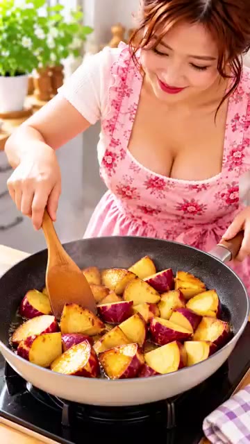 팬에 식용유를 두르고 고구마를 노릇하게 튀기듯 익힌다. — 겉바속촉 고구마 맛탕 레시피