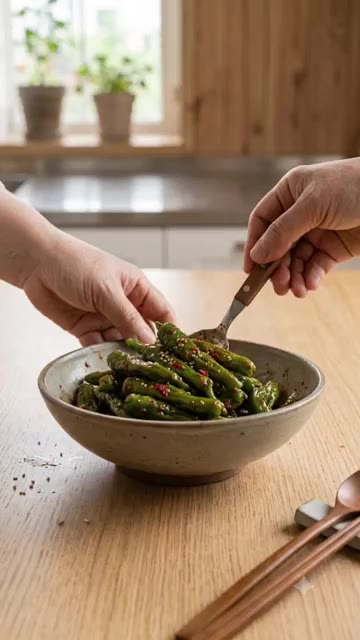 전자레인지에 넣고 2분 30초간 가열하여 완성한다. — 밥도둑 꽈리고추찜