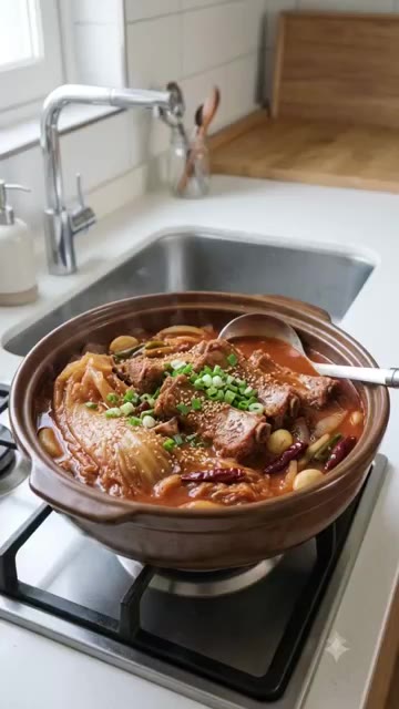 냄비 바닥에 양파, 묵은지, 등갈비, 마늘, 대파 순으로 쌓아 올린다. — 따뜻한 집밥: 김치 등갈비찜