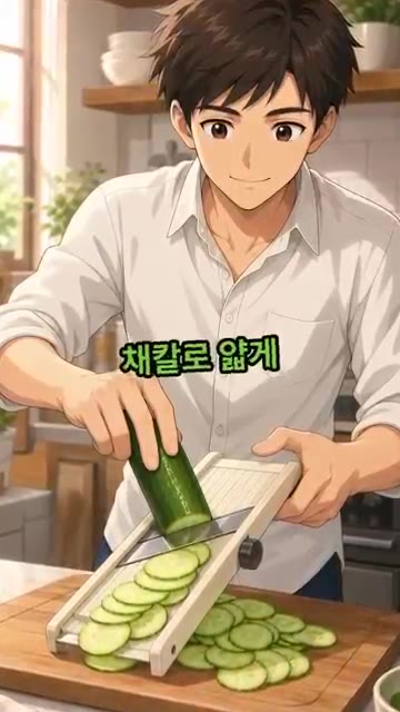 오이 2개를 반으로 잘라 채칼로 얇게 슬라이스합니다. — 오이에 들깨가루 넣었더니 기절함!