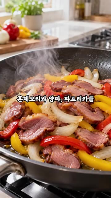 훈제오리와 양파, 파프리카를 가볍게 볶습니다. — 단호박에 훈제오리 넣었더니! 주말 별미 완성
