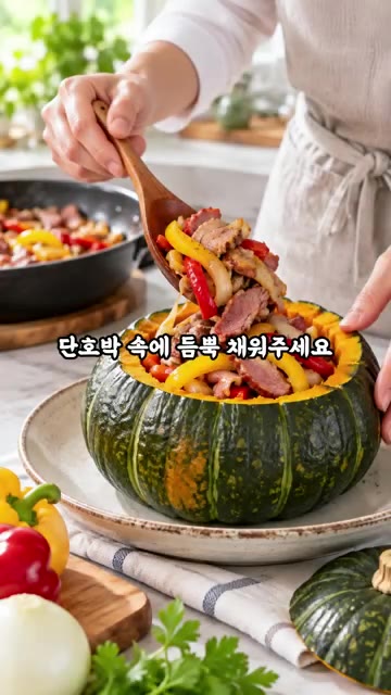 볶은 재료를 단호박 속에 듬뿍 채워주세요. — 단호박에 훈제오리 넣었더니! 주말 별미 완성