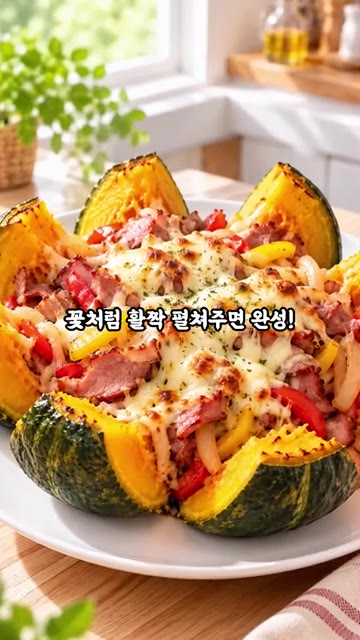 마지막으로 8등분해서 꽃처럼 활짝 펴주면 완성! — 단호박에 훈제오리 넣었더니! 주말 별미 완성