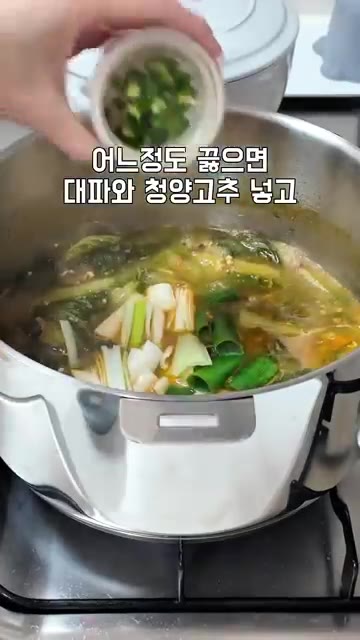 어느 정도 끓으면 대파와 청양고추를 넣고 다시 끓여줍니다. — 소고기 넣어 깊고 구수하게 🥩 얼갈이소고기된장국