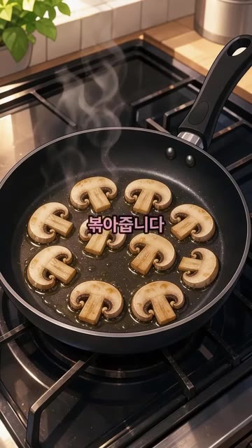 팬에 식용유 1큰술을 두르고 슬라이스한 양송이버섯 4개를 볶아줍니다. — 원팬 또띠아 치즈 폭탄 토스트 만들기